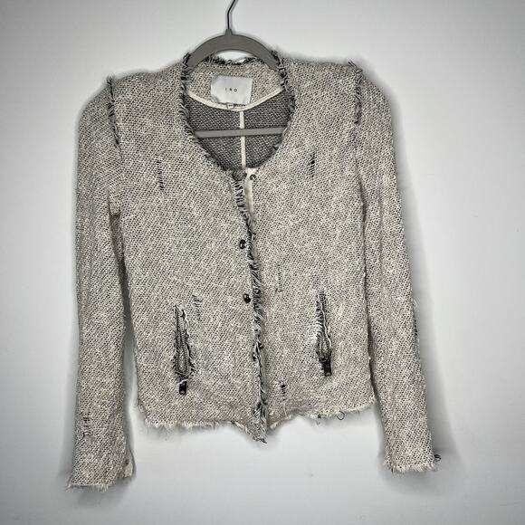 IRO‎ Jacket Womens 34 Gray Ivory Distressed Tweed Boucle Frayed Designer France - Picture 6 of 13
